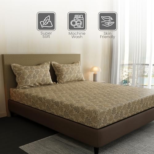Image of Layers 100% Cotton Bedsheet for Double Size Bed | Lumina Floret Collection | 144 TC Soft & Breathable | Floral Print with 2 Pillow Covers | Wrinkle Free & Colorfast | 3 Piece Bedding Set - Brown