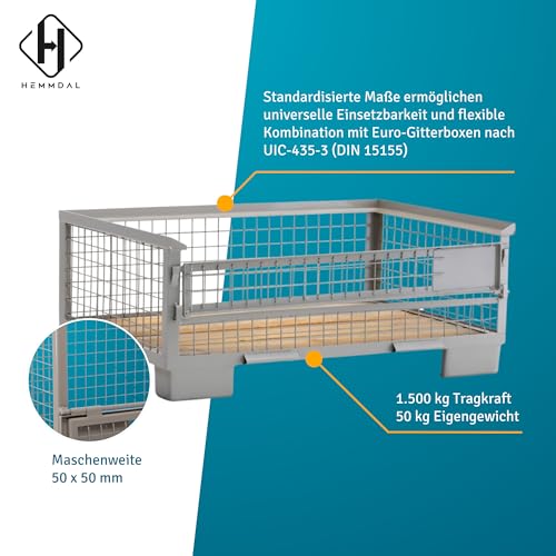 HEMMDAL Industrie-Gitterbox mit halb abklappbarer Längswand | 1.500 kg Tragkraft | HxBxT 50 x 124 x 83,5 cm | Grau | 5 x 5 cm Maschenweite | aus Stahl | niedrige Bauart | stapelbar| Gitterbehälter