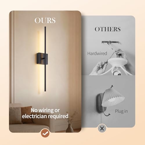 Image of KARTOOSH 28.3 Inch Wall Sconces Battery Operated for Living Room Black | Rechargeable Wireless Wall Lamp Set of 2, 3000K Warm White Dimmable Wall Light Remote Control Indoor Lighting for Bedroom