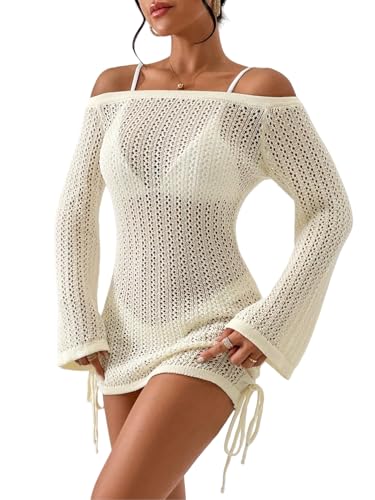 SISKIN Women's Bathing Suit Beach Cover Up Crochet Knit Tops Mesh Hollow Out Dress Drawstring Without Sexy Bikini, Beige