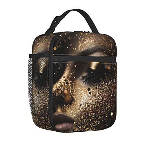 FYCFSLMY Black & Gold Sparkle Woman Outdoor Insulated Lunchbox Reusable Picnic Cooler Bag For Women Men Work Travel Office