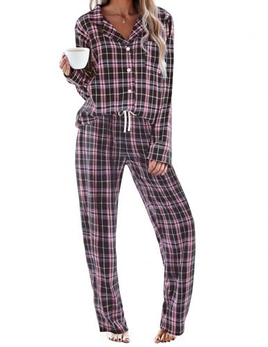 Ekouaer Womens Pajama Sets 2 Piece Cotton Plaid Pjs Long Sleeve Sleepwear Button Down Lounge Set with Pockets