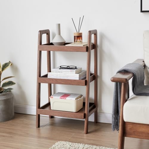31.5" Mid-Century Modern 3-Tier Ladder Shelf, Solid Oak A-Frame Storage Rack with Walnut Finish, Freestanding Open Shelving for Entryway Living Room Bedroom Bathroom