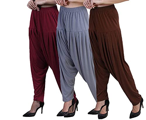 Image of Casuals Women's Regular Fit Viscose Drawstring Patiala Harem Pants Combo Pack 3 (Maroon :: SteelGrey :: Coffy Brown,XXL)