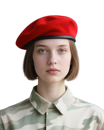 Beret Hats for Women & Beret Hat Men - US Army Style 100% Wool Military Berets Vintage British Officer Look Warm Slouchy Unisex Cap-Red HatL