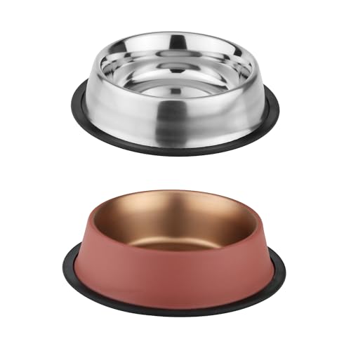 Image of Combo of Anti-Skid Feeding Bowls for Dogs, Cats & Puppy Pet Bowl Pack 2 Stainless Steel Pet Bowl (700 ml Each, Silver & Pink)
