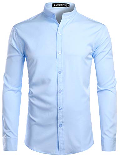 PARKLEES Camisa de hombre de una sola color, ajuste slim, de fácil planchar, manga larga, cuello mao, para negocios y ocio, azul claro, L