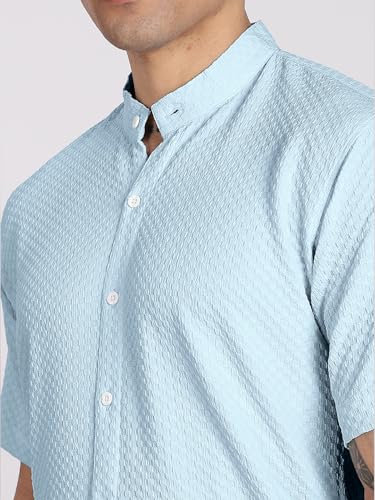 Image of Men's Regular Fit Solid Casual Shirt - Short Sleeve, Mandarin Collar, Lightweight Polyester, Stylish Everyday Wear