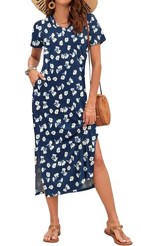 Image of MISFAY Womens Maxi Dress Short Sleeve V Neck Loose with Pockets | Soft stretchy breathable, v neck loose fit, side split hem, two side pockets, casual daily beach vacation travel dress