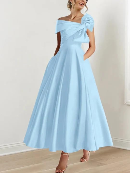 Satin Mother of The Bride Dress Tea Length Off The Shoulder A-Line Formal Prom Evening Gowns with Bow2