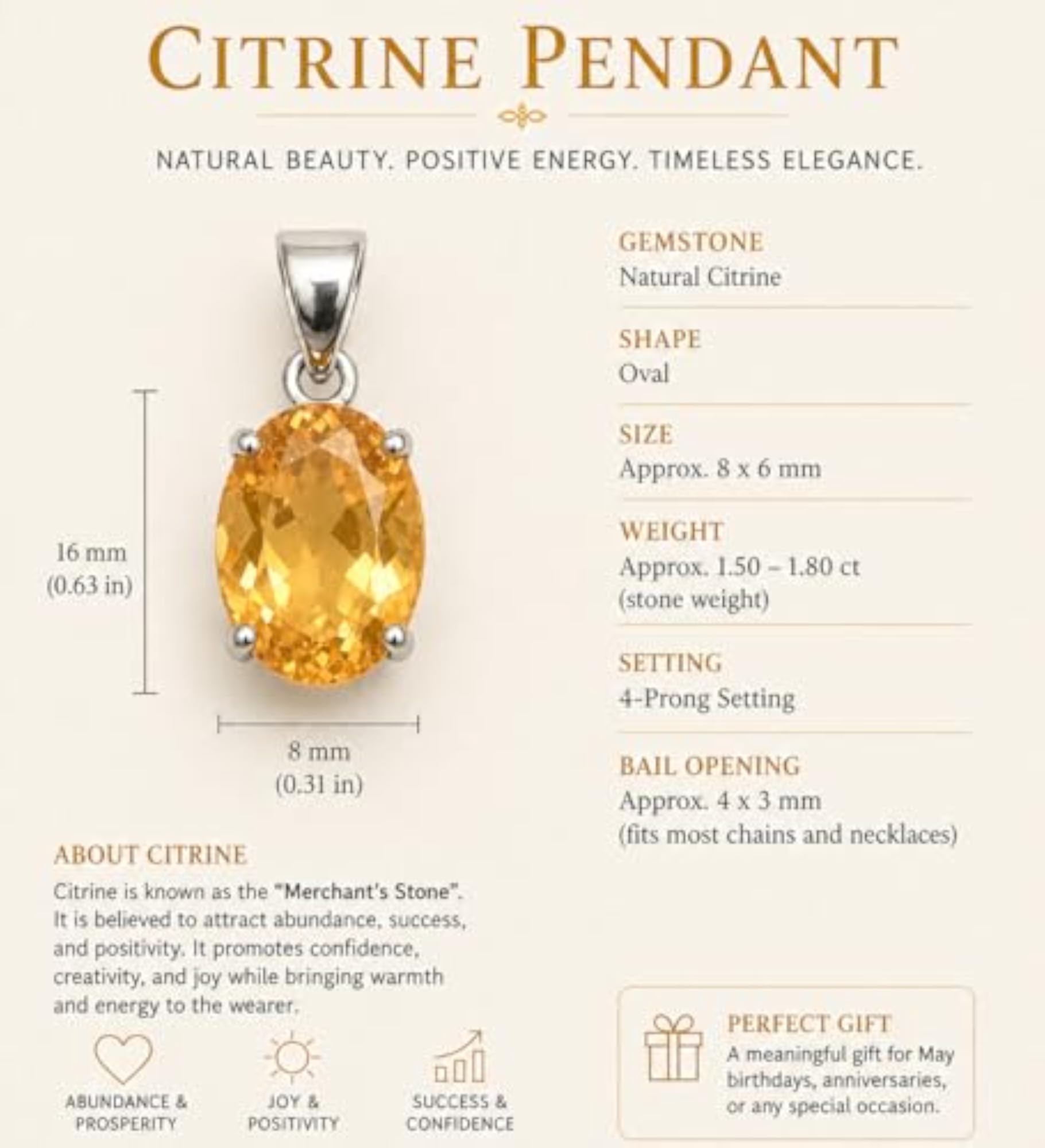 Natural Citrine Pendant Necklace for Wealth & Prosperity