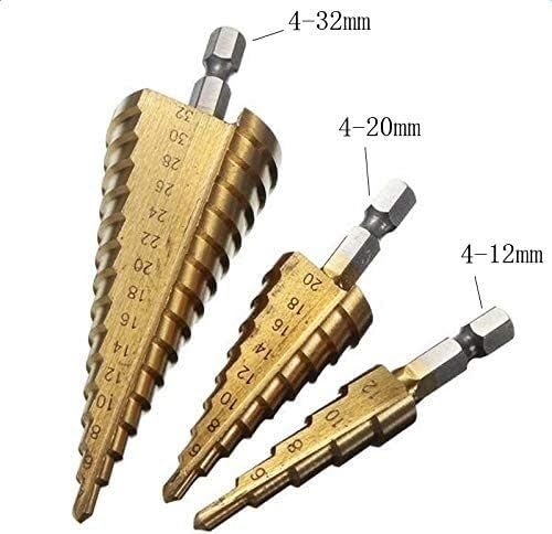 Zestaw wierteł stopniowych z rowkiem spiralnym, Zestaw wierteł stopniowych HSS 3 szt., stożkowe wiertła do otworów, metryczne, 1/4", powlekane tytanem, metalowe wiertła sześciokątne(3pcs4 12 3 20 4 20