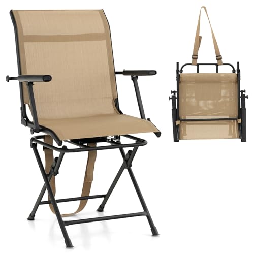 LDAILY Moccha Hunting Chair, 360° Swivel Blind Chair w/Armrest & Mesh Back, Non-Slipping Pads, Sturdy Metal Frame, 330LBS Capacity, Portable and Silent Folding Hunting Chairs for Blinds (Brown)