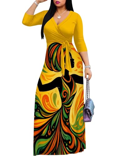 Image of PinkPatty Plus Size Maxi Dresses for Women Casual Flowy Long Dress 3 /4 Sleeve V Neck Wrap Dress with Belt