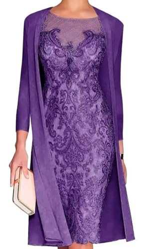 Tea Length Mother of The Bride Dresses for Wedding with Jacket Chiffon Lace Wedding Guest Dress for Women