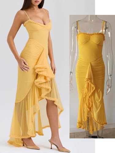 Image of meilun Elegant Mesh Wedding Guest Dress Flowy Ruffle Bodycon Maxi Dress Fishtail Long Formal Dress