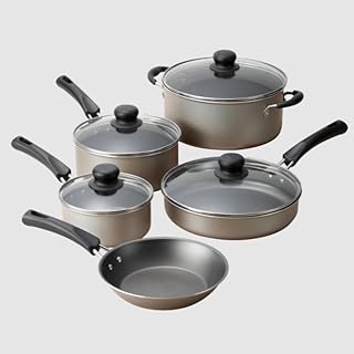 Non-Stick Cookware Set 9-Piece with Cool-Retaining Riveted Handles and Heat-Resistant, Shatterproof Tempered Glass Lids, Compatible with Gas, Electric and Ceramic Glass Cooktops, Champagne