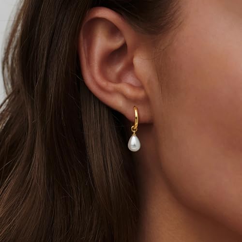Pearl Earrings for Women, Trendy 14k Gold Pearl Dangle Drop Hoop Huggies Earrings Cubic Zirconia | Irregular | Knot Pearl Studs Hypoallergenic Lightweight Wedding Gold Earrings Jewelry Gift2