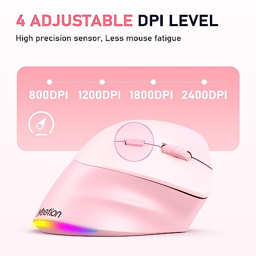 Image of MEETION Ergonomic Wireless Mouse, Bluetooth Vertical Mouse with RGB, Pink | Bluetooth 5.2 /3.0 and USB-A, Comfortable vertical design, 4 adjustable DPI levels for Mac, Windows, Android, PC and tablets
