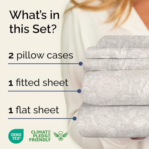 Image of Queen 4 Piece Floral Sheet Set - Soft, Breathable & Cooling - Beige Floral | 1 Flat, 1 Fitted & 2 Pillowcases w / Deep Pockets, Boho Botanical Floral Bedding, Breathable & Cooling, Wrinkle & Fade Free