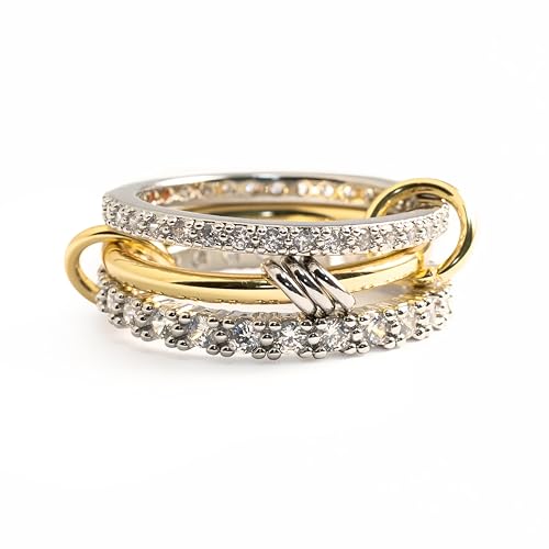 Lamdo Gold Stackable Rings for Women Non-Tarnish,Personal Elegant Dainty 18k Gold Plated CZ Cubic Zirconia Rings,Silver Gold Knuckle Multi-Link Connected Rings Set for Wedding Gift and Mother's Day