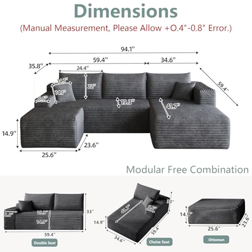 Image of 95 inch Modular Sectional Sofa with Ottoman, Modern Corduroy Cloud Couch Deep Seat, Boneless Couch Upholstered 3-Seater U-Shaped Sofa for Living Room, No Assembly (Dark Gray,Right-Facing Chaise)