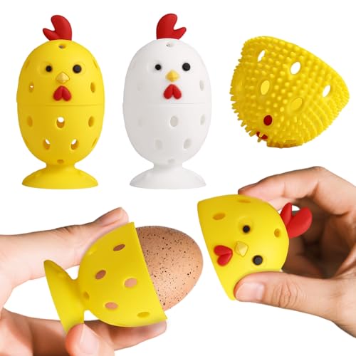 4PCS Silicone Egg Wash Brush and Cleaner, Reusable Scrubber for Fresh Eggs Vegetables Fruits, Soft Rotating Egg Cleaning Tool Reusable Chicken Design (White+ Yellow)