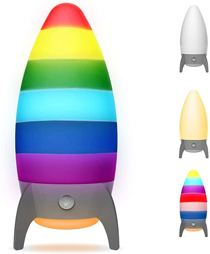 Rocket Night Lights for Kids with 7 RGB Color-Changing Motion Sensor, Warm White Spaceship Bedside Lamp Smart Bedside Table Lamp Portable USB Rechargeable for Kids Bedroom Baby Room
