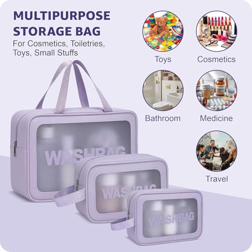 Image of Travel Makeup Pouch Set Toiletry Bag Cosmetic Organizer Bag for Women and Girls Toiletry Storage Kit Set of 3 (Purple)