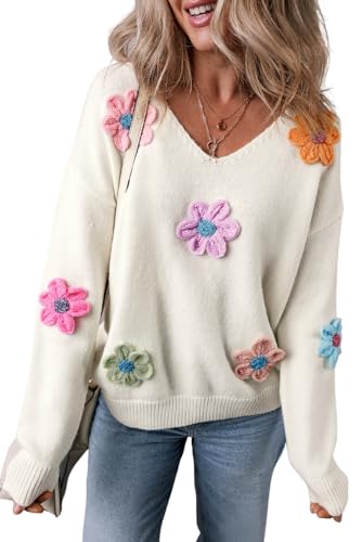 Ecosunny Sweaters for Women 2024 Long Sleeve V Neck Crochet Flower Sweater Pullover Tops Trendy Knit