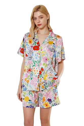 Image of YiNi LuLu Womens Silk Satin Shorts Pajamas Set Button Down 2 Piece Pjs Short Sleeve Oversized Sleepwear with Pockets