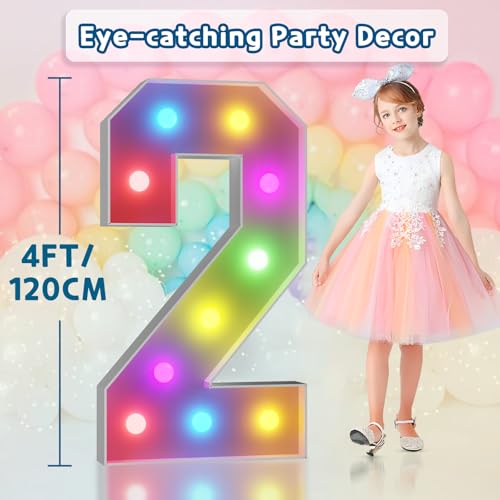 Image of Imprsv Colorful 4FT Marquee Numbers 2, 18 Colors Large Light up Numbers | RGB with Remote, Birthday Party Decorations Anniversary Wedding Decorations Assembly Required 21 Pcs Accessory Set
