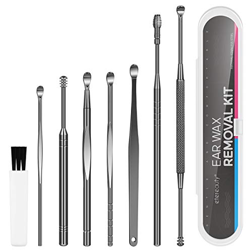 Ear Wax Removal Kit, 8-in-1 Ear Pick Tools Curette Cleaner Reusable Ear Cleaner, Medical Grade Stainless Steel Ear Wax Remover with Storage Box, Black