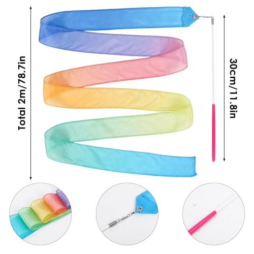 YGEOMER 2Pcs 100% Pure Silk Ribbon Dancer Wand for Kids, Gymnastics Ribbon & Pastel Rainbow Streamers for Maypole Dance, Birthday Party & Easter Gift Ballerina Toys for Toddler Girls