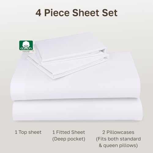 Image of California Design Den Queen Sheet Set - Natural 100% Cotton Sheets Queen Size Bed Set with Deep Pockets, Soft Sateen Weave, Breathable and Durable Bedding (White)