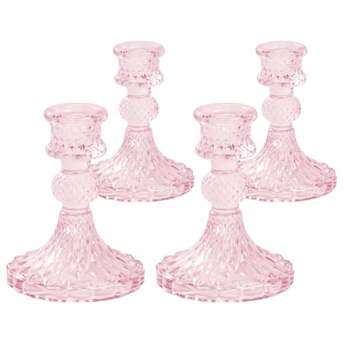 Pack of 4 Glass Candlestick Holders, Clear Taper Candle Holders Glass Candle Holder Decorative Candle Sticks Crystal Candle Holders for Wedding Centrepieces Christmas Table Decor (Pink)