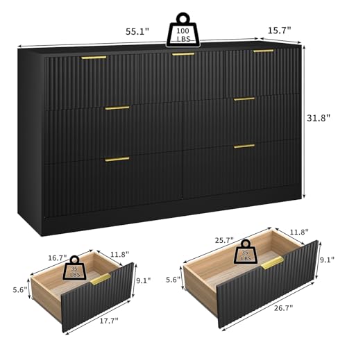Image of Black Dresser with 7 Drawer - 55 inch Wide Fluted Dresser for Bedroom with Metal Handle, Chest of Drawer, Wood TV Stand for Bedroom, Living Room, Black