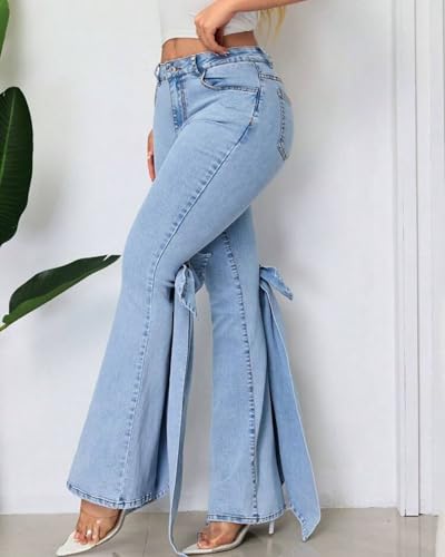Women's Bow Bell Bottom Denim Pants High Waisted Flare Jeans Stretch Coquette Button Down Cowgirl Jeans3