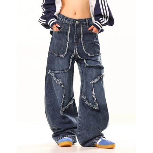 Unisex Y2K Jeans Distressed Denim Pants with Star Thigh Embroidery & Fringe Detail Wide Leg Fit Retro 90s Streetwear3