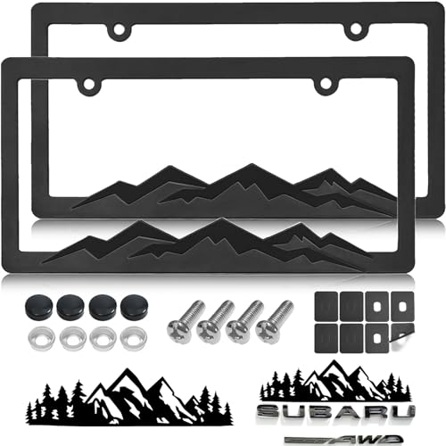 GNSZSN Mountain License Plate Frames - 2 Pack Black Plastic Car Tag Frame with 3D Mountain Design, Included Mountain Vinyl Sticker, Screws & Caps