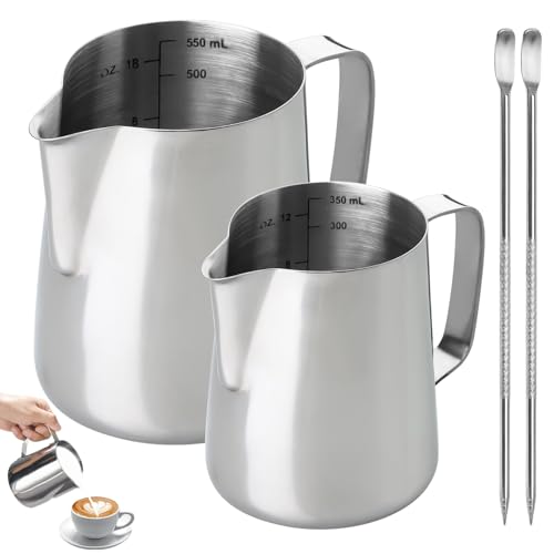 Juego de 2 jarras de leche de acero inoxidable, 350 y 600 ml, jarra de espuma de leche con marcas de medición y pluma para café espumador de café, para capuchino, espresso y barista