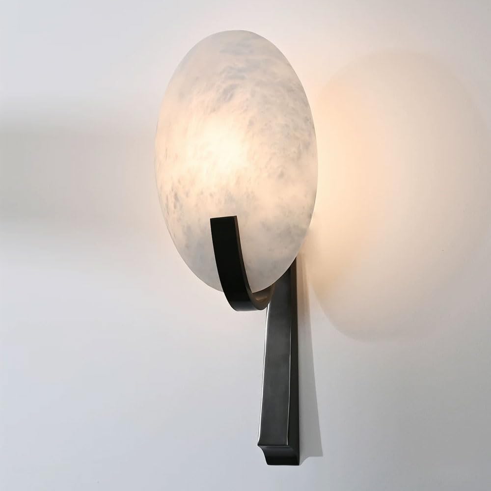 JISHUBO Medieval Minimalist Style Wall Sconce, 7.8 in Natural Alabaster Wall Light, E14 Light Source Marble Wall Lamp, Bedside Dining Room Staircase Decoration Lighting Fixtures