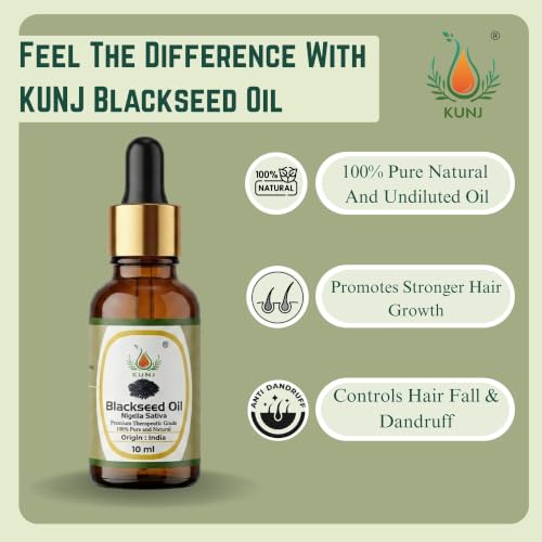 Image of KUNJ Black Seed Oil 10ml - 100% Pure & Natural Cold Pressed Kalonji Oil for Hair, Face, Skin & Scalp Care | Hair Strengthening, Scalp Nourishment & Skin Care | Nigella Sativa Oil