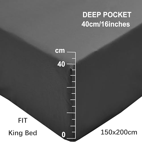 MOHAP Warm King Size Fitted Sheet Grey with Extra Deep 16 inch 40 cm Pocket Bed Sheet Only Bedsheet Brushed Microfiber Bottom Sheet for King Bed 150x200 Grey