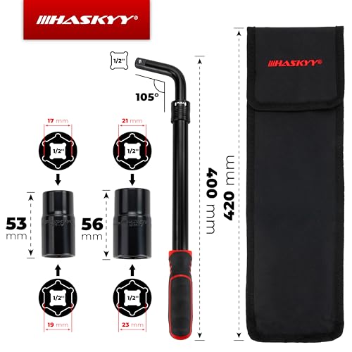 HASKYY Teleskop Radmutternschlüssel Set 355-530mm Verlängerbar 1/2 Zoll Antrieb 17/19mm & 21/23mm Steckschlüssel, Radschlüssel Reifenwerkzeug inkl. Aufbewahrungstasche Drehmoment 665Nm