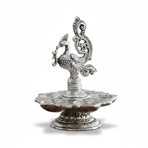 Image of Traditional Silver-Plated Peacock Pooja Thali, 5-Compartment Diya Stand with Ornate Design