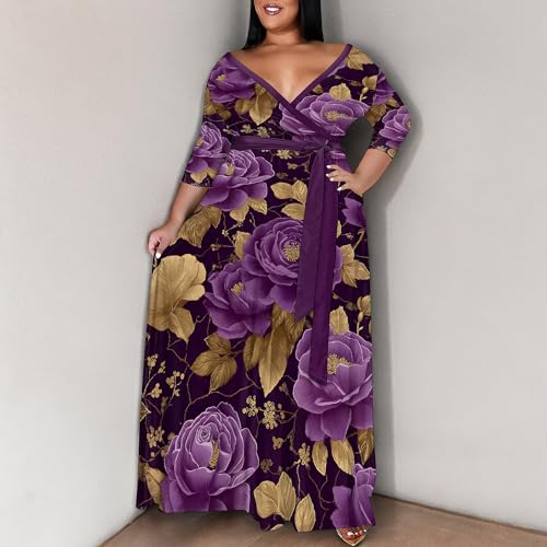 Image of SUZONANA Plus Size Maxi Dresses for Curcy Women Casual Loose 3 /4 Sleeve Long Dress with Belt