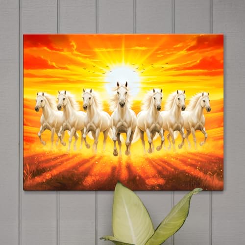Image of ArtX Canvas 7 Horses Painting Vastu Frame Wall Art Painting, White Running Horses With Rising Sun, Wall Decor, Multicolor, Nature, 58.0 X 45.0 cm, Set of 1