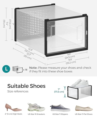 Image of SONGMICS Shoe Boxes, Pack of 18 Shoe Storage Organizers, Stackable Clear Plastic Boxes for Closet, Sneakers, 13.7 x 9.9 x 7.4 Inches, Transparent and Black ULSP007B18