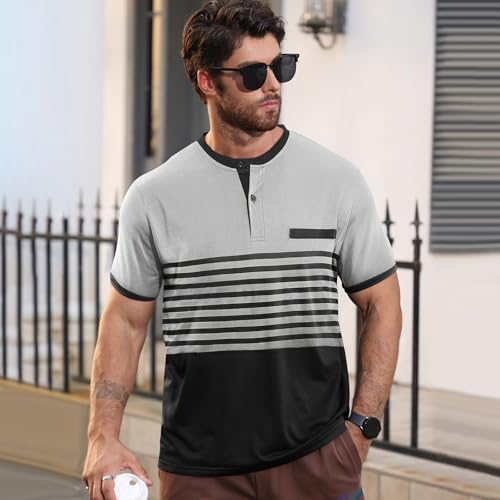 Mens T-Shirts Short Sleeve Button Casual Stylish Basic Tees Work Striped Shirts Henley Summer Lightweight Stretch Top4